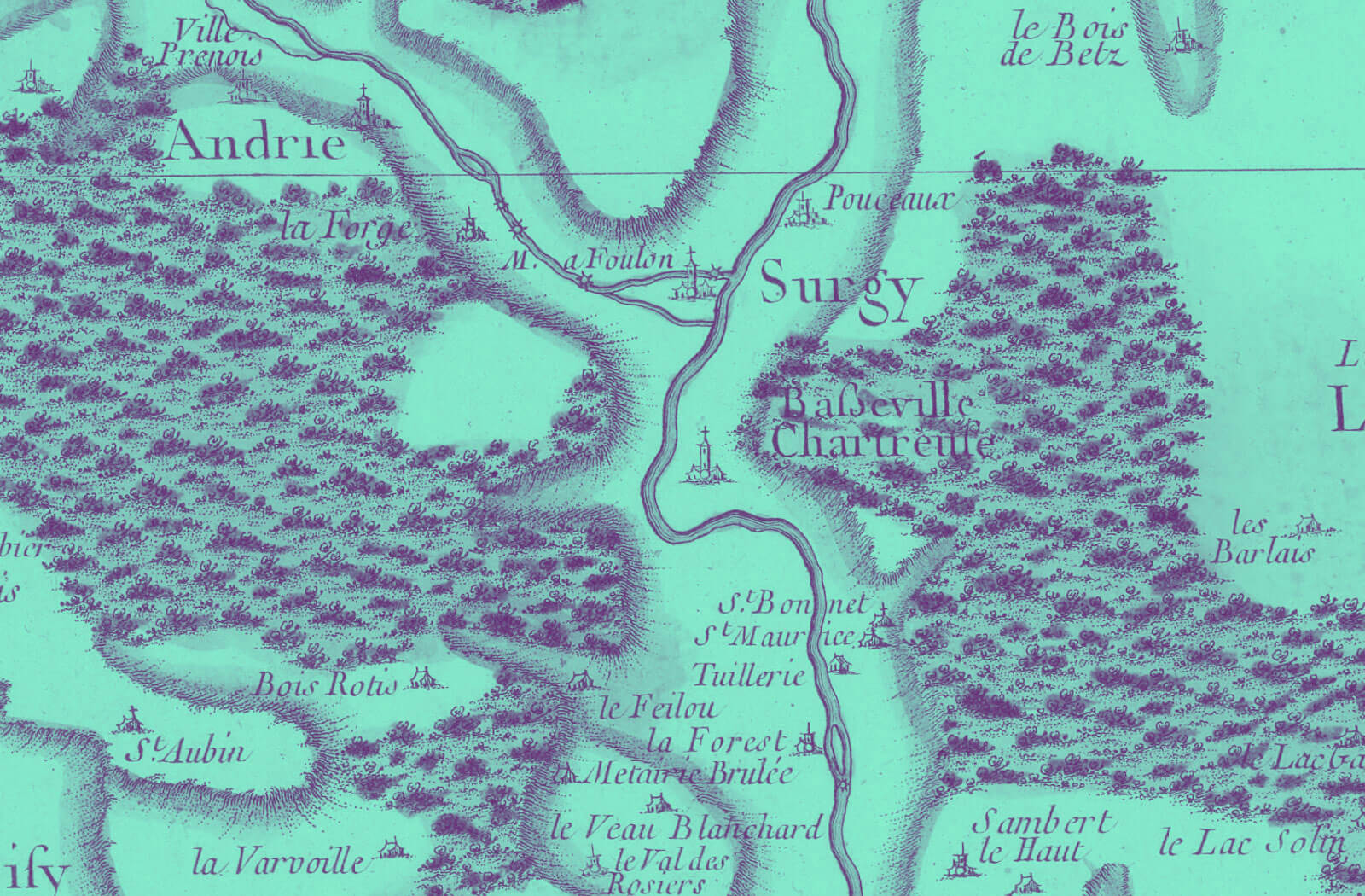 Gros plan sur la carte de Cassini de 1759 : les villages de Pousseaux et Surgy.