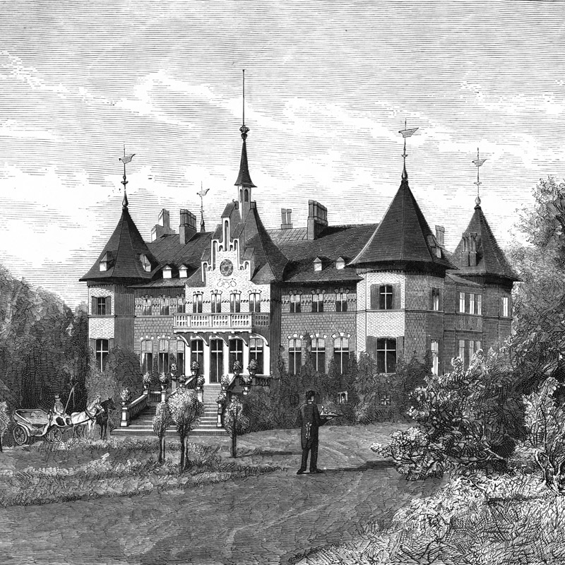 Gravure du château de Sofiero, vers 1877, près de Helsingborg en Suède. Chartreuse de Basseville.